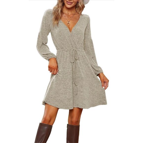 NEW Soft Deep V Neck Balloon Tie Waist Knit Sweater Dress Pockets Large - Picture 1 of 6